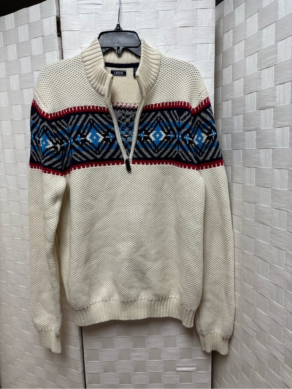 IZOD Cream Zip-Neck Sweater with Blue and Red Fair Isle Large